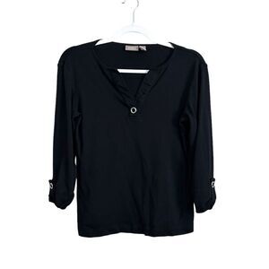 Chico's 3/4 Sleeve V Neck Shirt with Rhinestone‎ Details Women's 1/M Black
